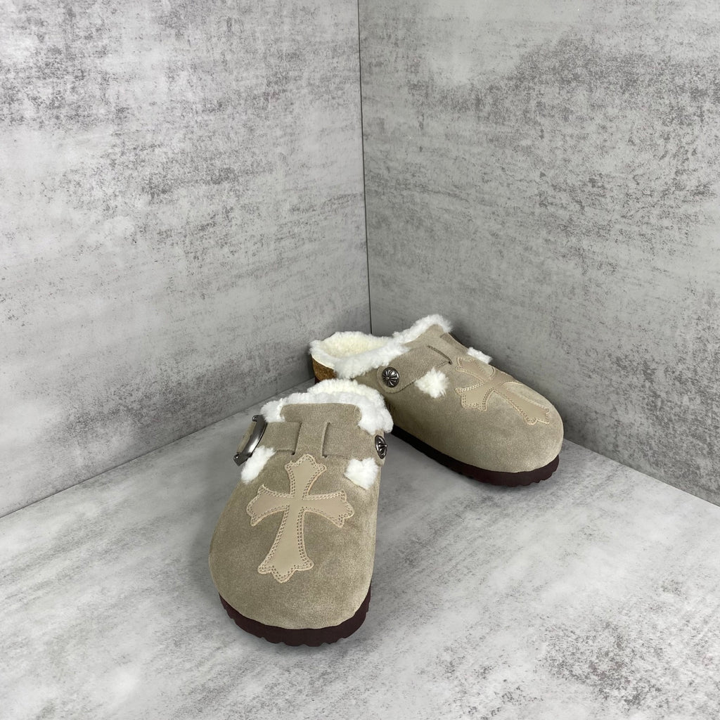 Beige Leather Cross White Fur Beige Suede Clog Slides™