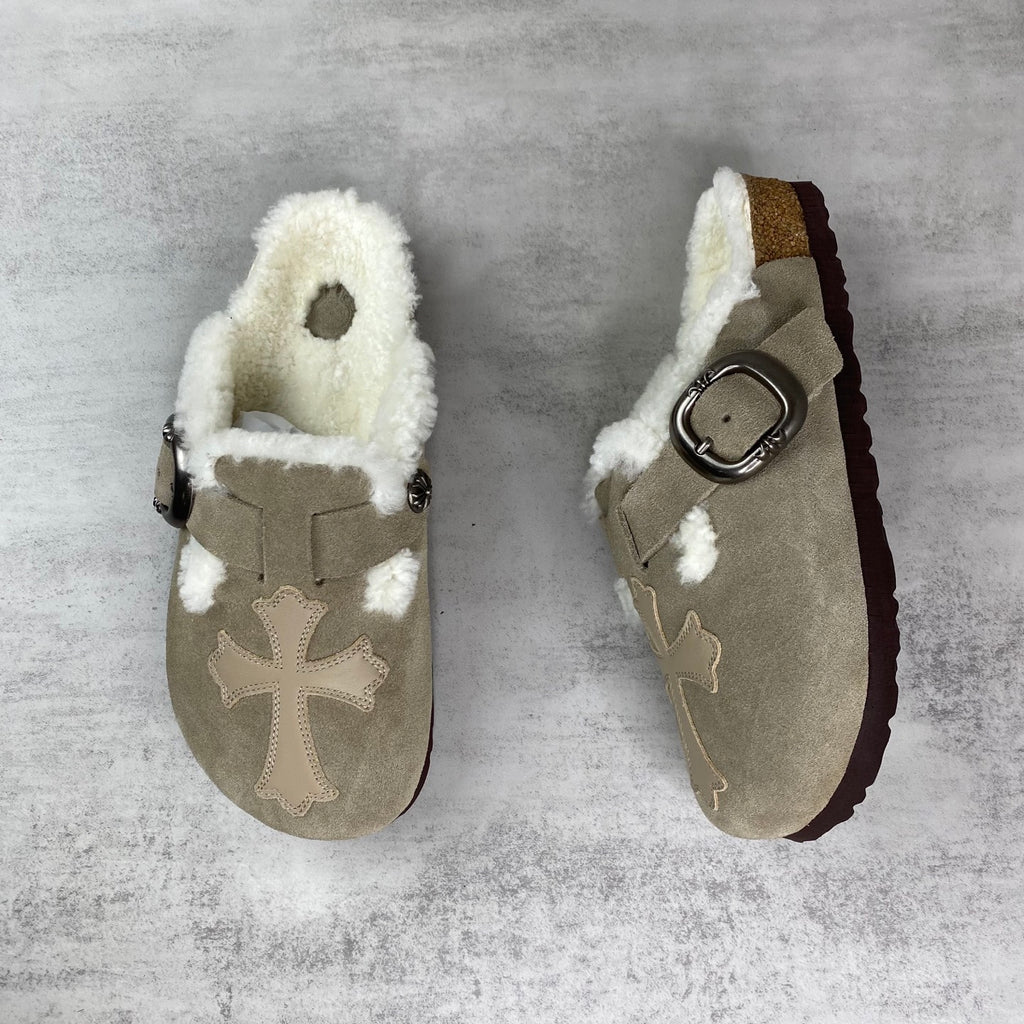 Beige Leather Cross White Fur Beige Suede Clog Slides™