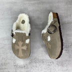 Beige Leather Cross White Fur Beige Suede Clog Slides™