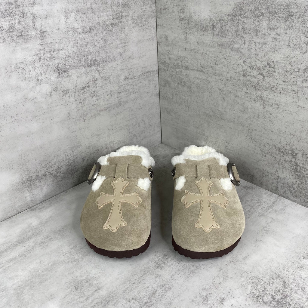 Beige Leather Cross White Fur Beige Suede Clog Slides™