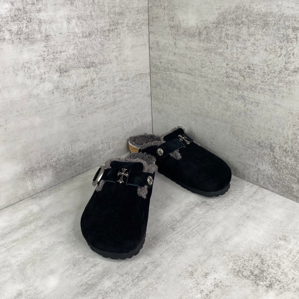 Metallic Cross Grey Fur Black Suede Clog Slides™