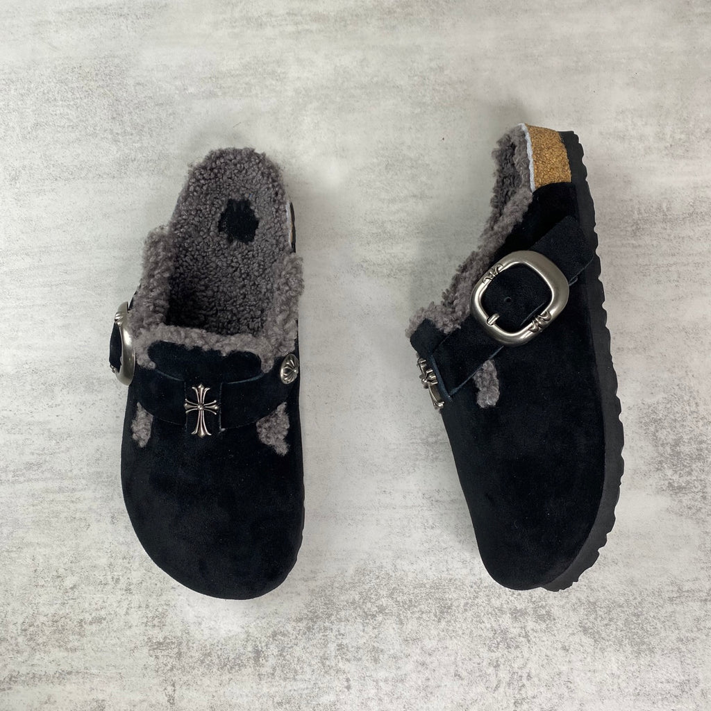 Metallic Cross Grey Fur Black Suede Clog Slides™