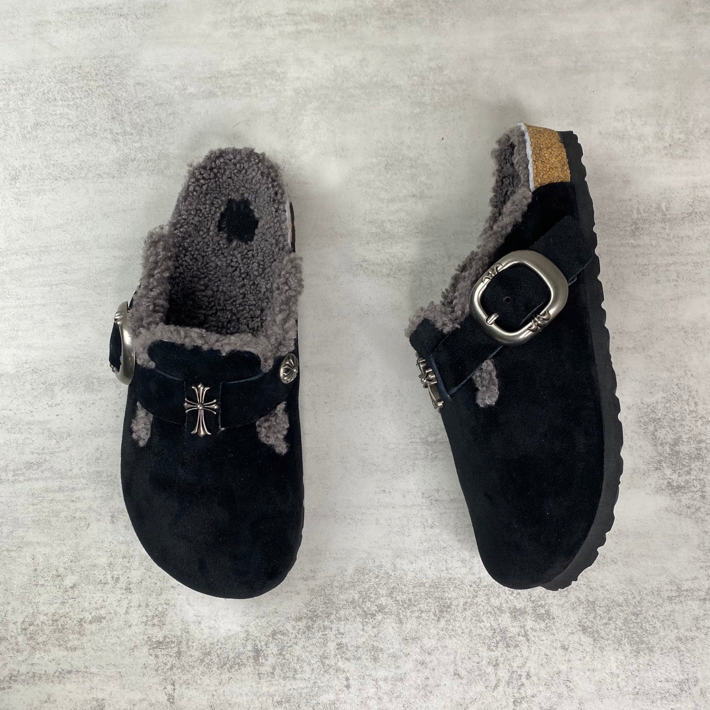 Metallic Cross Grey Fur Black Suede Clog Slides™