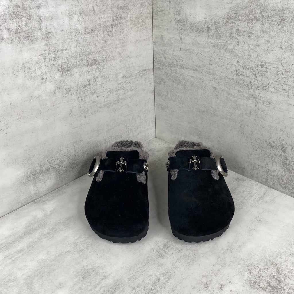 Metallic Cross Grey Fur Black Suede Clog Slides™