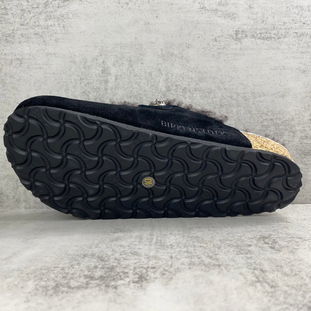 Metallic Cross Grey Fur Black Suede Clog Slides™