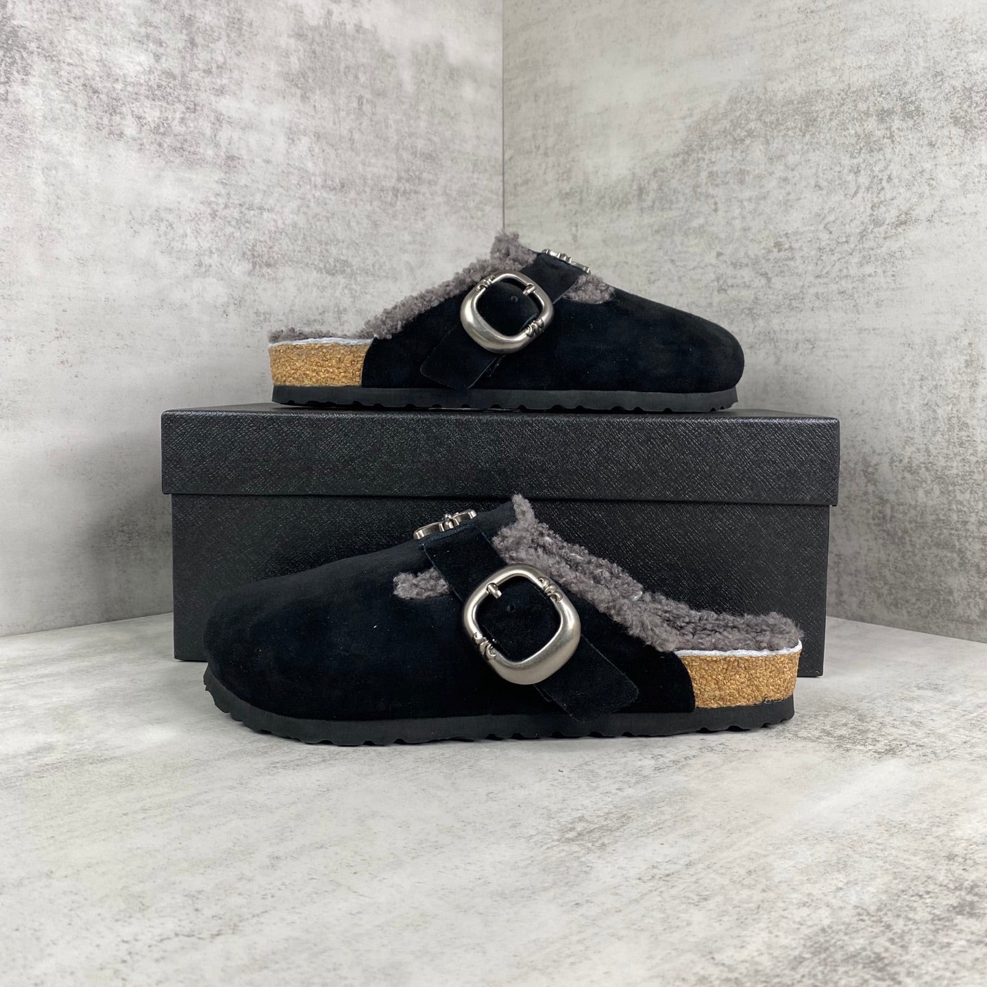 Metallic Cross Grey Fur Black Suede Clog Slides™