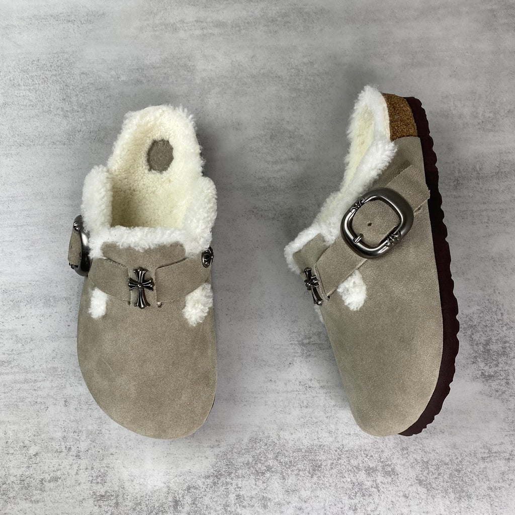 Metallic Cross White Fur Beige Suede Clog Slides™