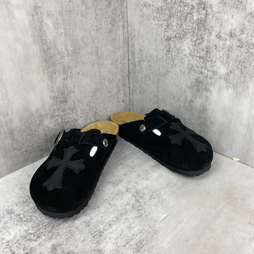 Black Leather Cross Black Suede Clog Slides™