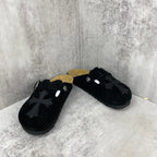 Black Leather Cross Black Suede Clog Slides™