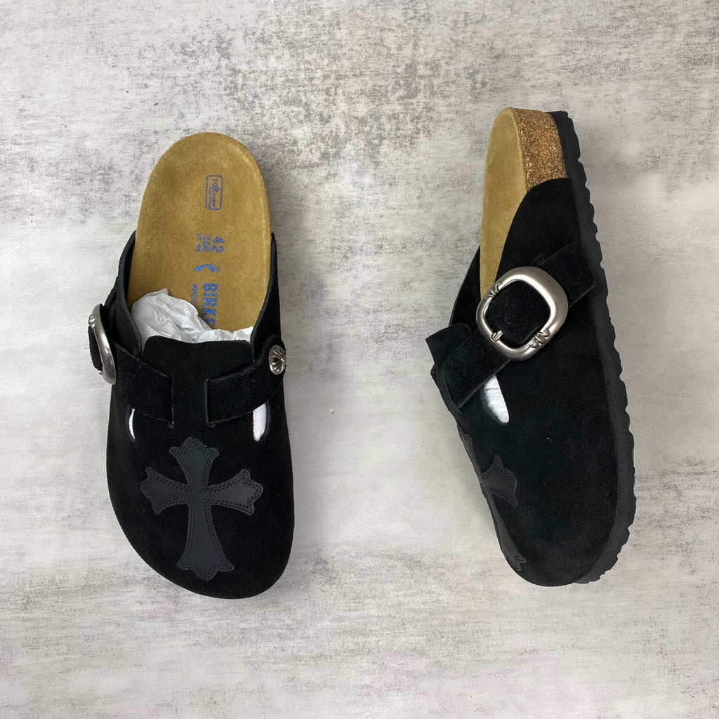 Black Leather Cross Black Suede Clog Slides™