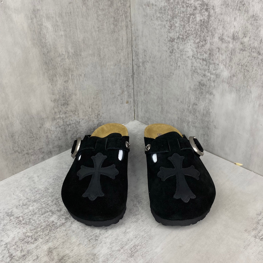 Black Leather Cross Black Suede Clog Slides™