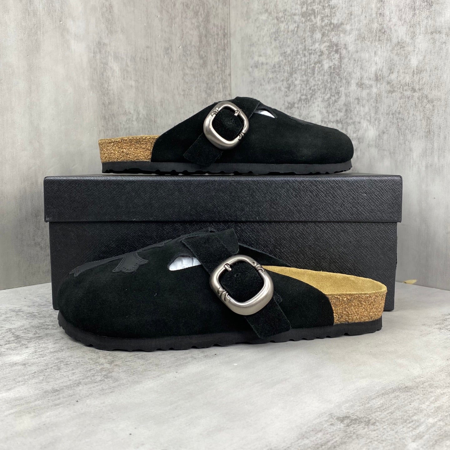 Black Leather Cross Black Suede Clog Slides™