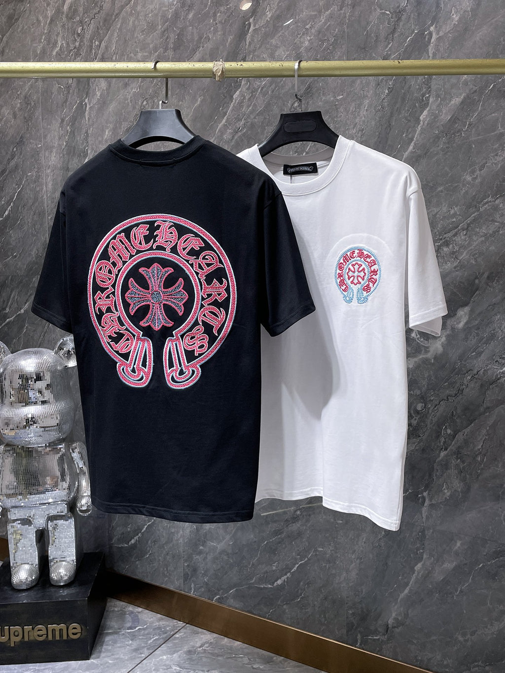 Red & Blue Embroidered Horse Shoe Logo Black T-Shirt™