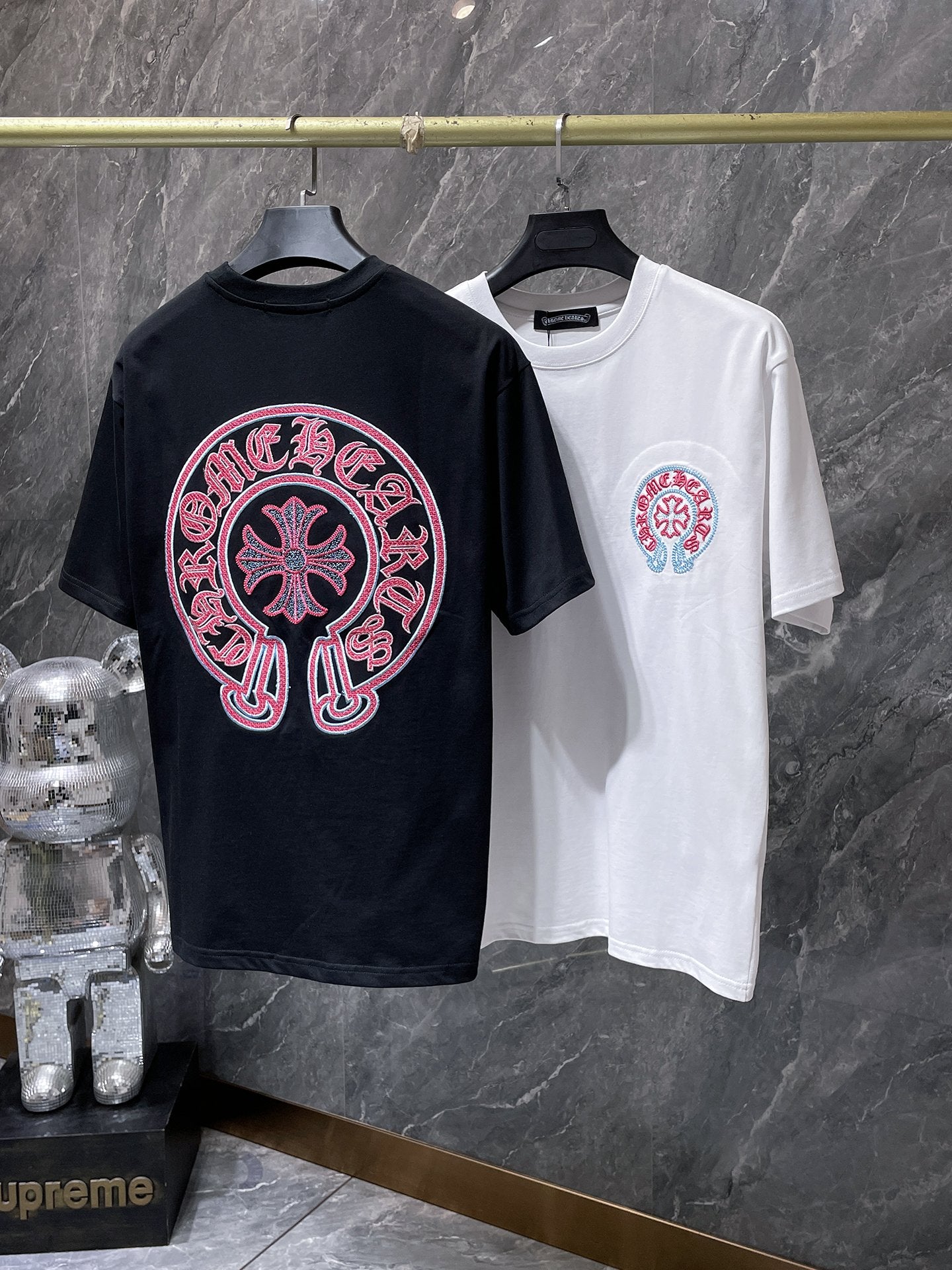 Red & Blue Embroidered Horse Shoe Logo White T-Shirt™