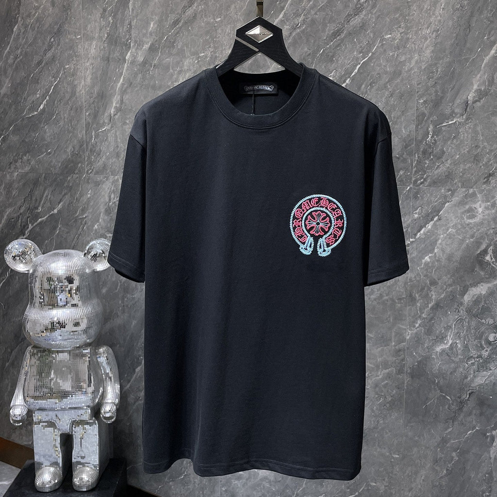 Red & Blue Embroidered Horse Shoe Logo Black T-Shirt™