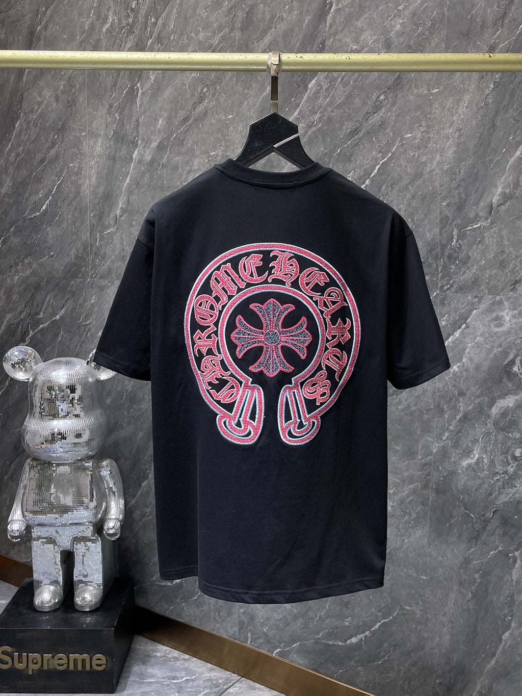 Red & Blue Embroidered Horse Shoe Logo Black T-Shirt™