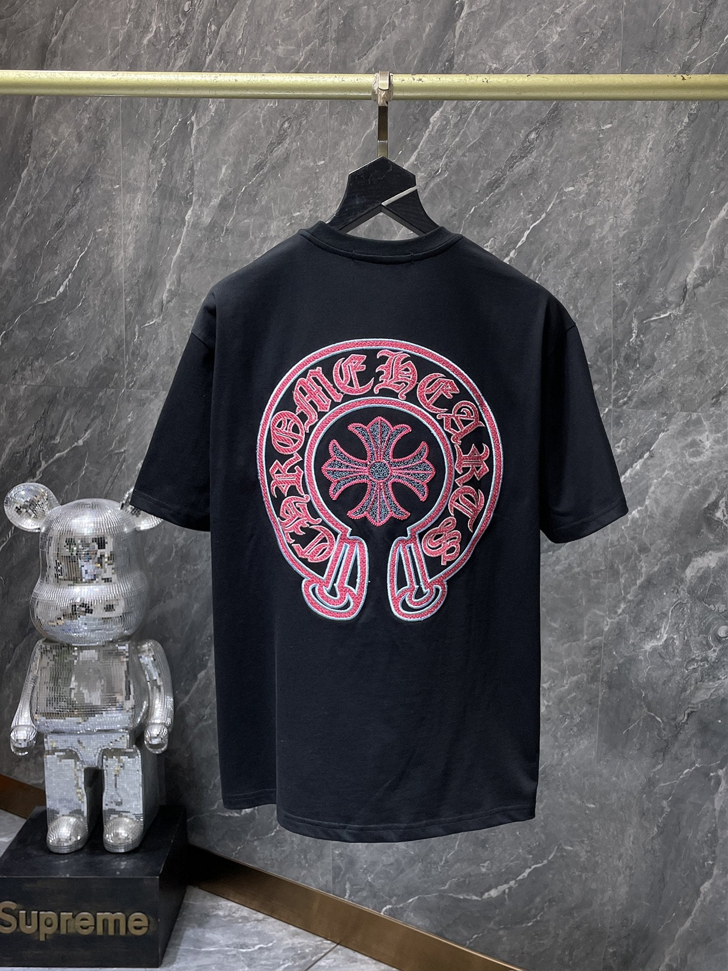 Red & Blue Embroidered Horse Shoe Logo Black T-Shirt™