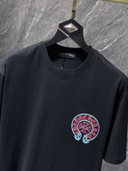 Red & Blue Embroidered Horse Shoe Logo Black T-Shirt™
