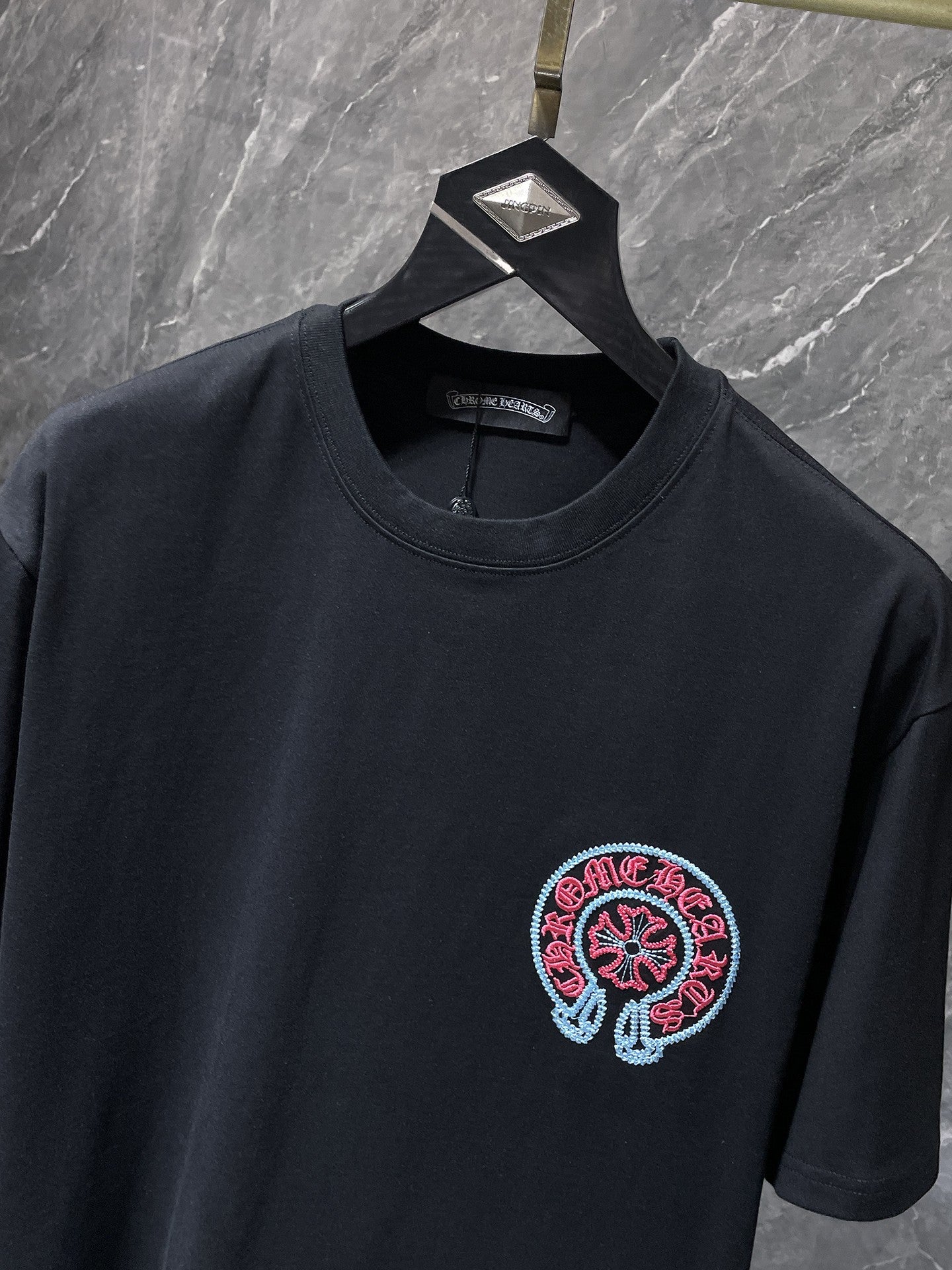 Red & Blue Embroidered Horse Shoe Logo Black T-Shirt™
