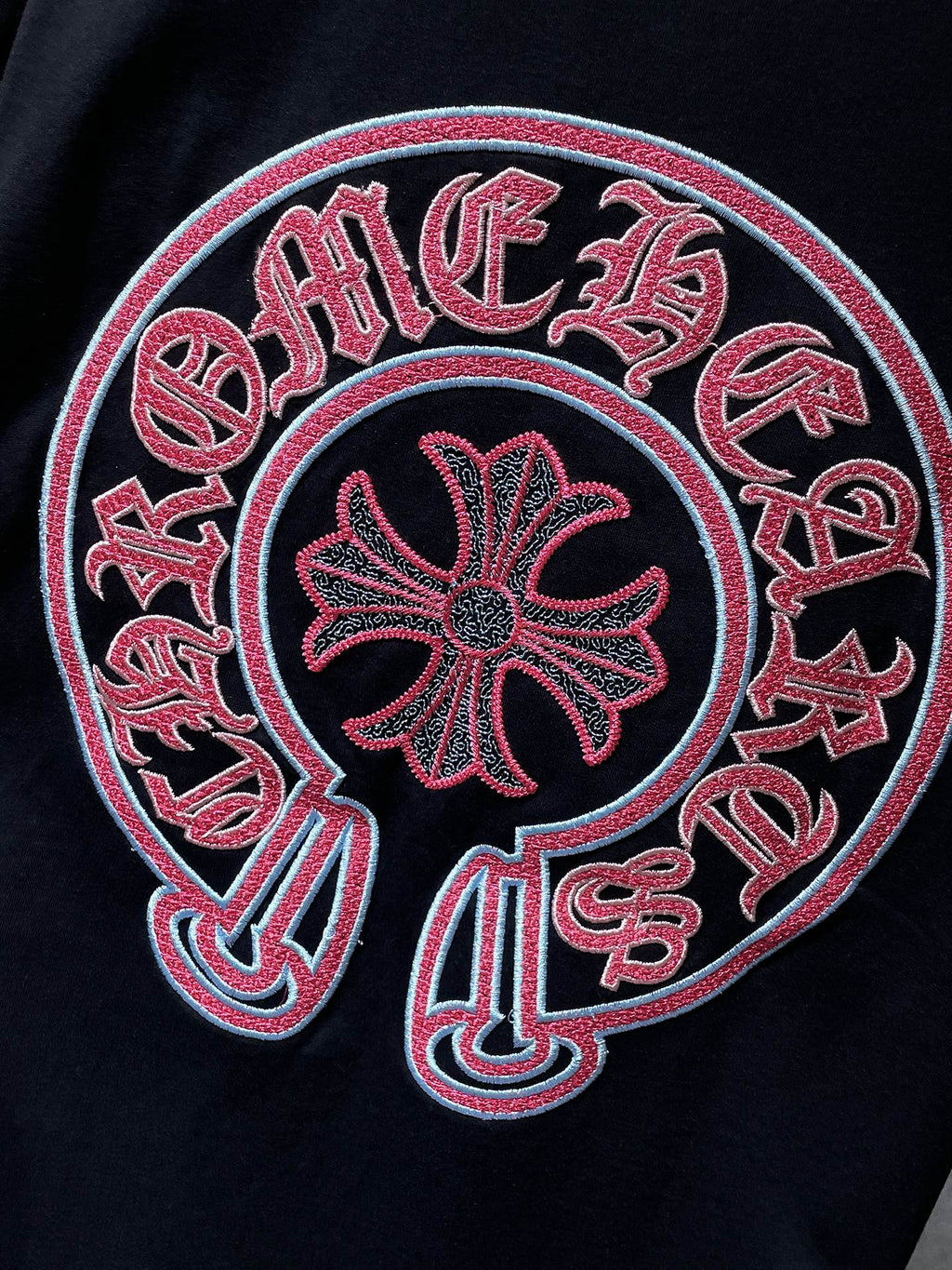Red & Blue Embroidered Horse Shoe Logo Black T-Shirt™