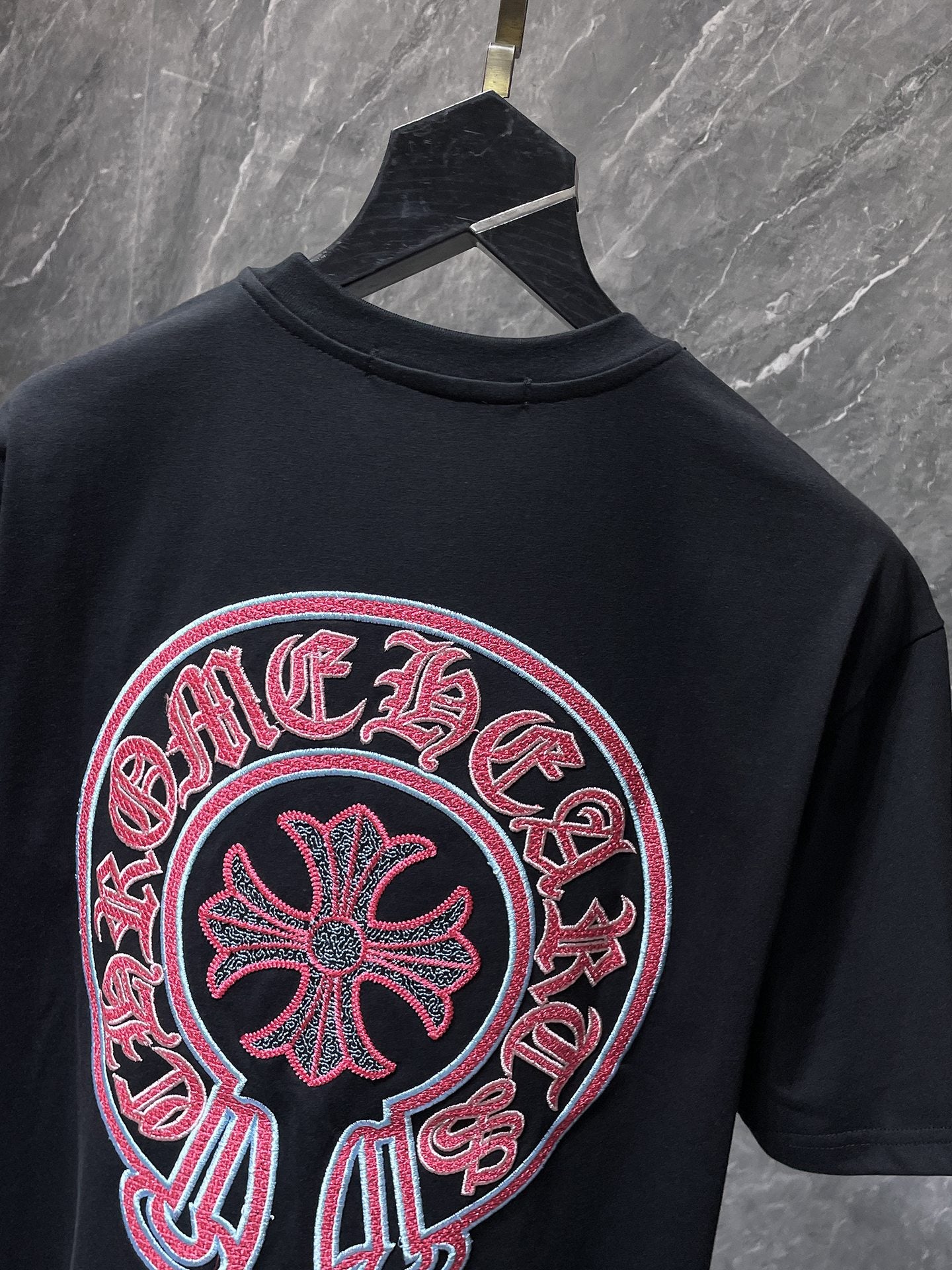 Red & Blue Embroidered Horse Shoe Logo Black T-Shirt™