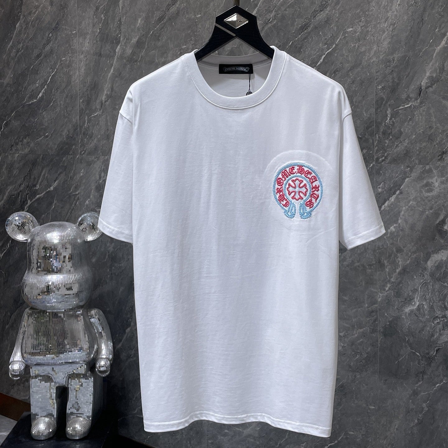 Red & Blue Embroidered Horse Shoe Logo White T-Shirt™