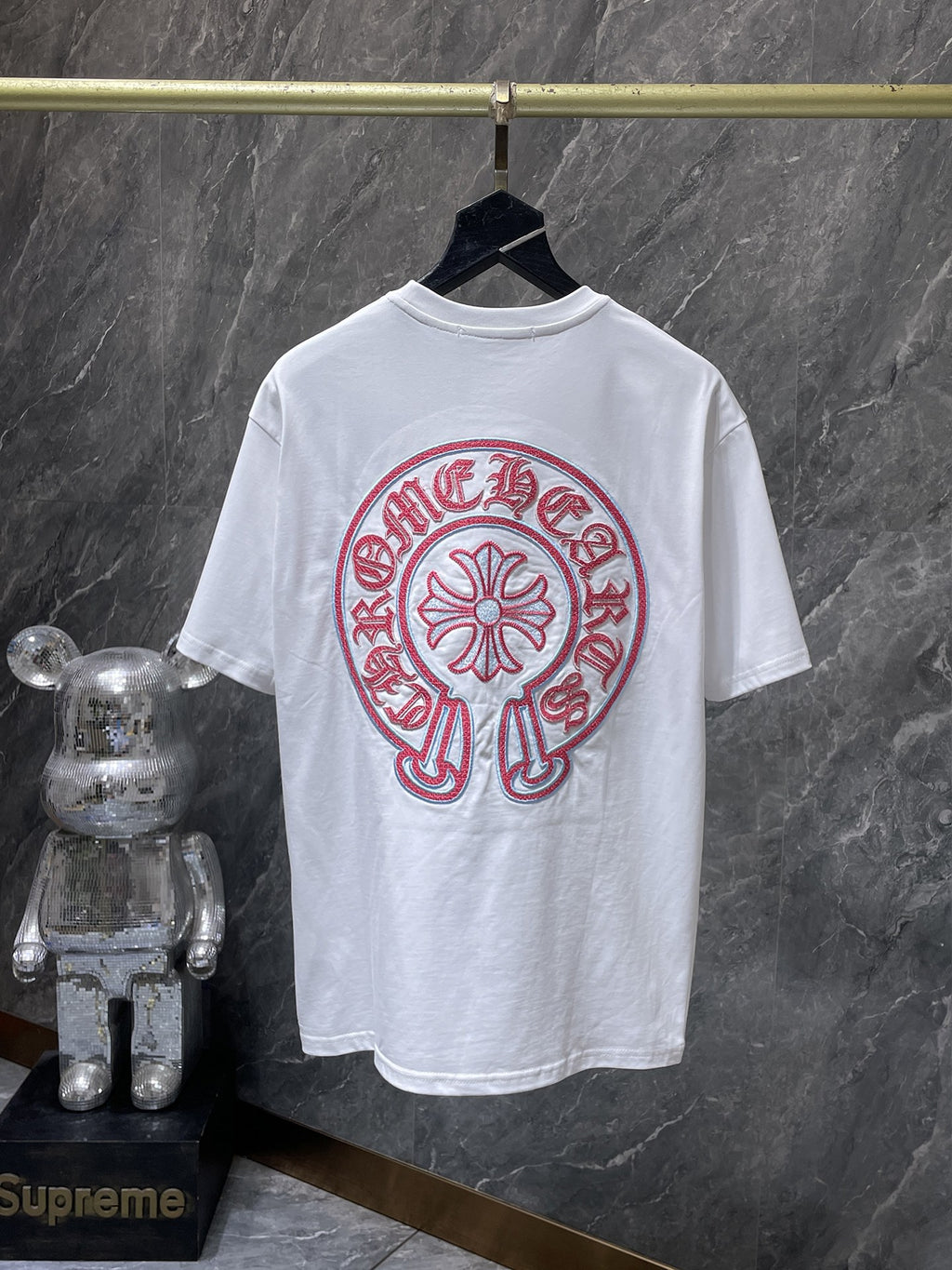 Red & Blue Embroidered Horse Shoe Logo White T-Shirt™