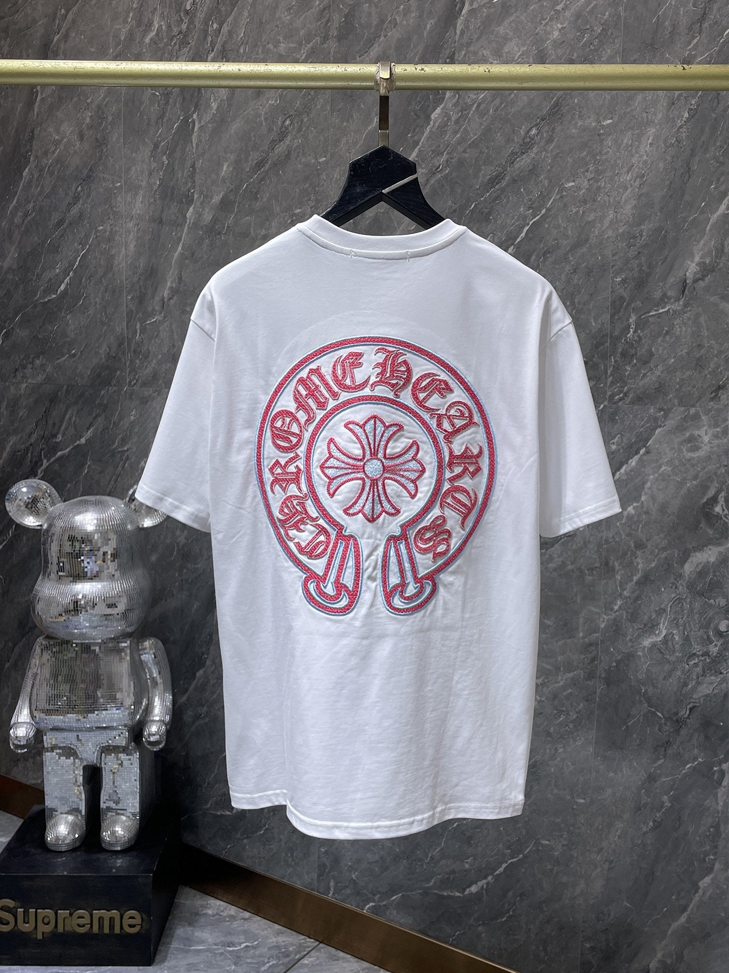 Red & Blue Embroidered Horse Shoe Logo White T-Shirt™