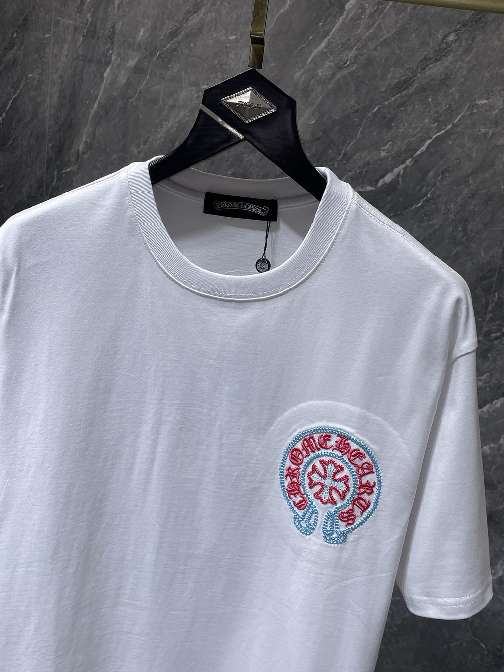 Red & Blue Embroidered Horse Shoe Logo White T-Shirt™