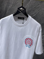 Red & Blue Embroidered Horse Shoe Logo White T-Shirt™