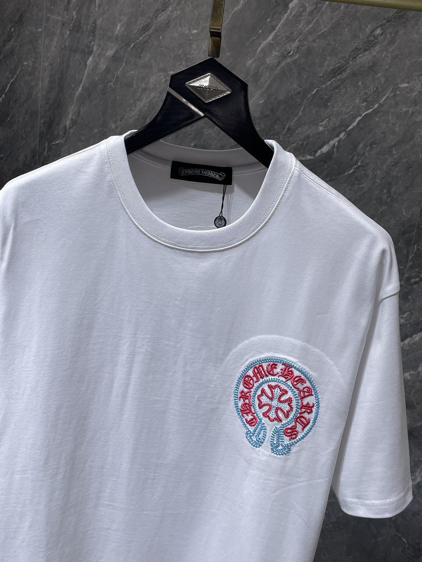 Red & Blue Embroidered Horse Shoe Logo White T-Shirt™