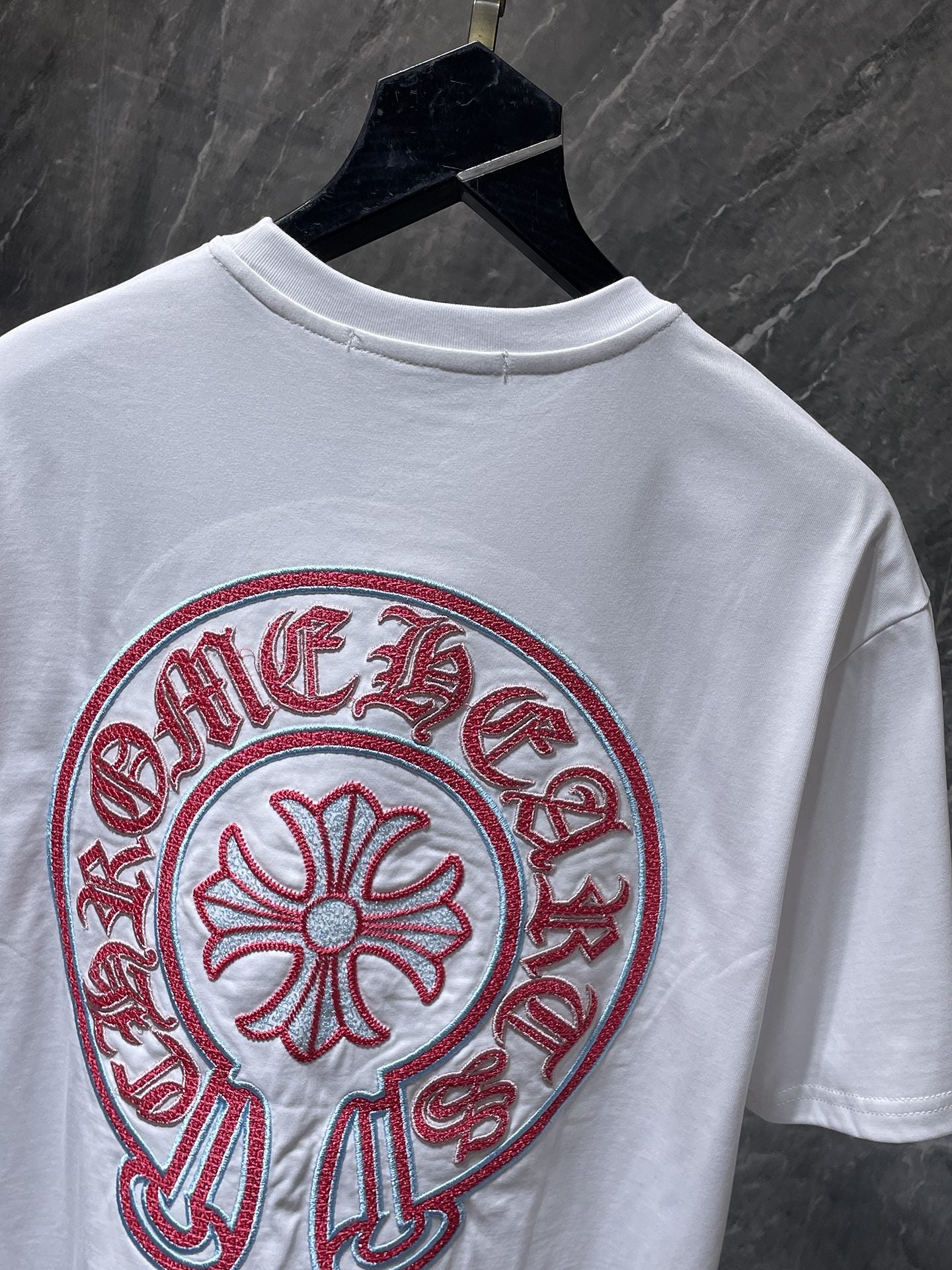 Red & Blue Embroidered Horse Shoe Logo White T-Shirt™