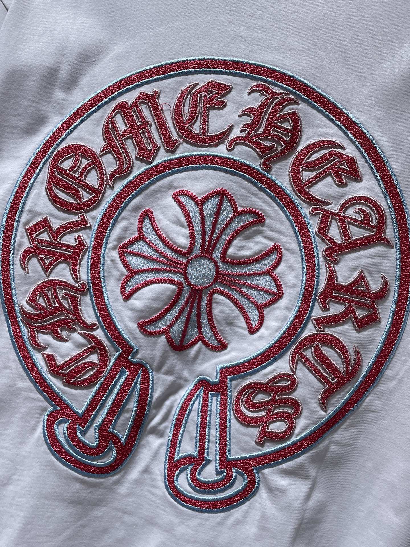 Red & Blue Embroidered Horse Shoe Logo White T-Shirt™