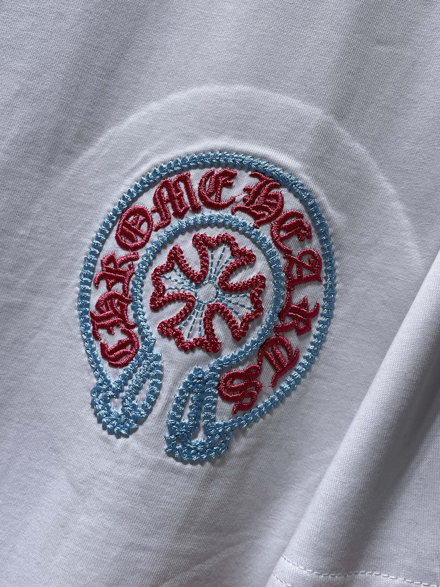 Red & Blue Embroidered Horse Shoe Logo White T-Shirt™