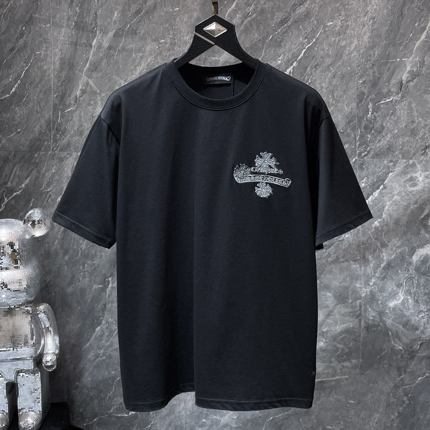 Grey Embroidered Logos Black T-Shirt™