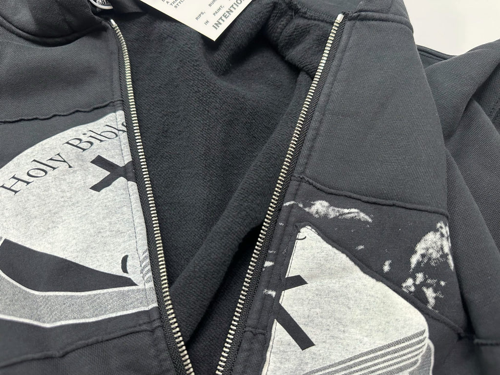 ER* Holy Bible Assemblage Black Baggy Zip Hoodie™