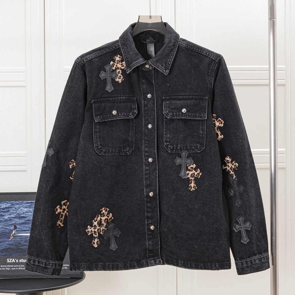Leopard Cross Patch Black Denim Jacket™