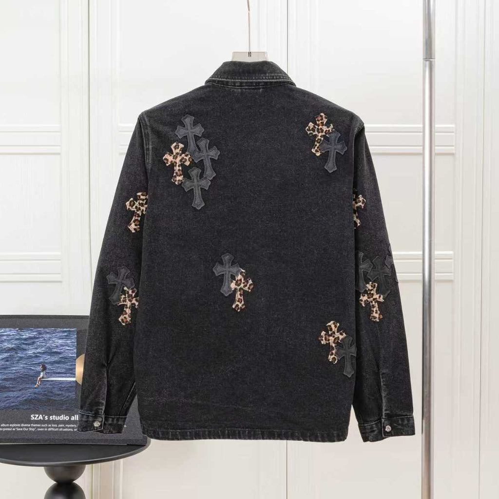 Leopard Cross Patch Black Denim Jacket™