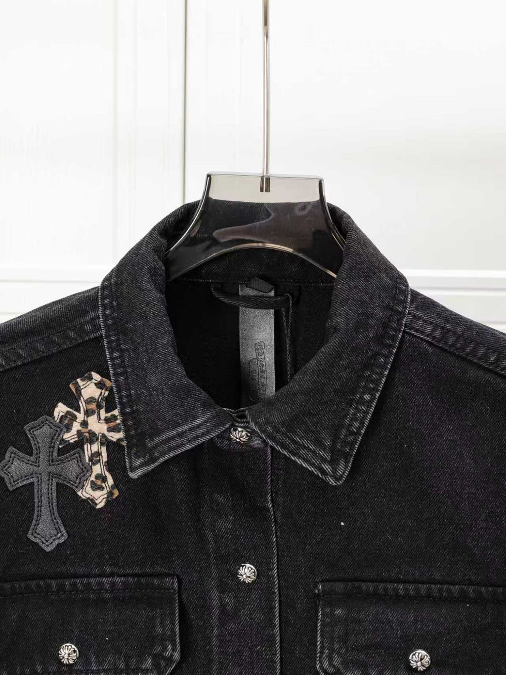 Leopard Cross Patch Black Denim Jacket™