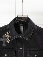 Leopard Cross Patch Black Denim Jacket™