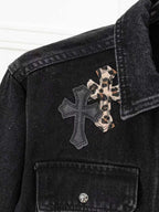 Leopard Cross Patch Black Denim Jacket™
