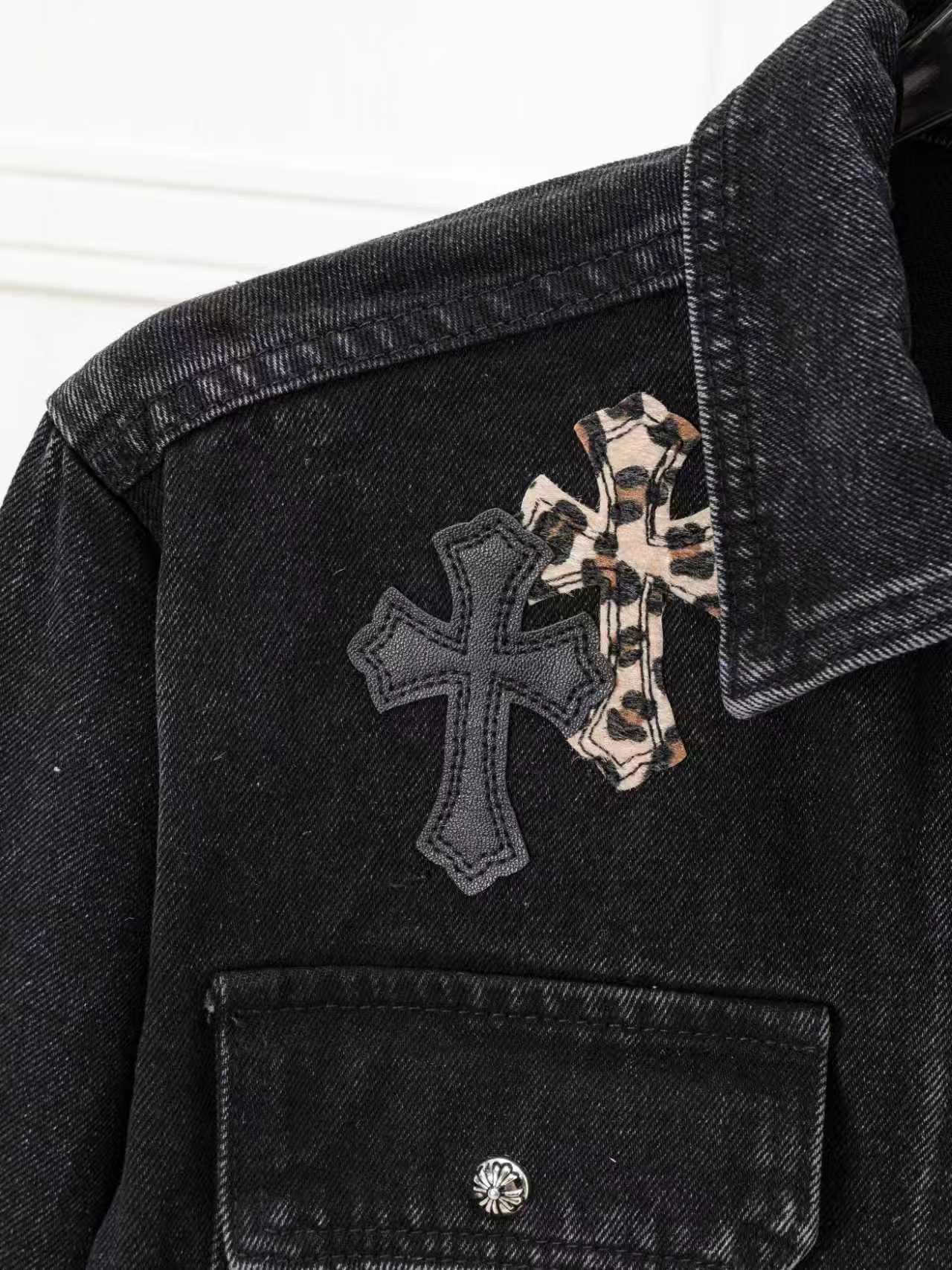 Leopard Cross Patch Black Denim Jacket™