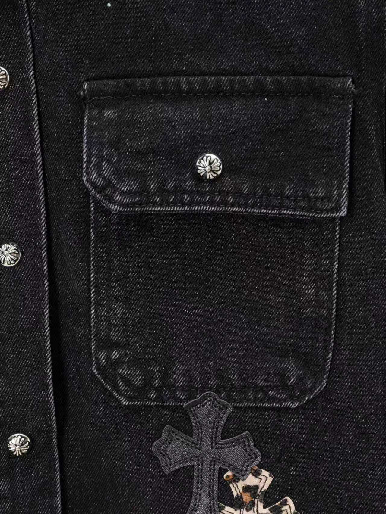 Leopard Cross Patch Black Denim Jacket™