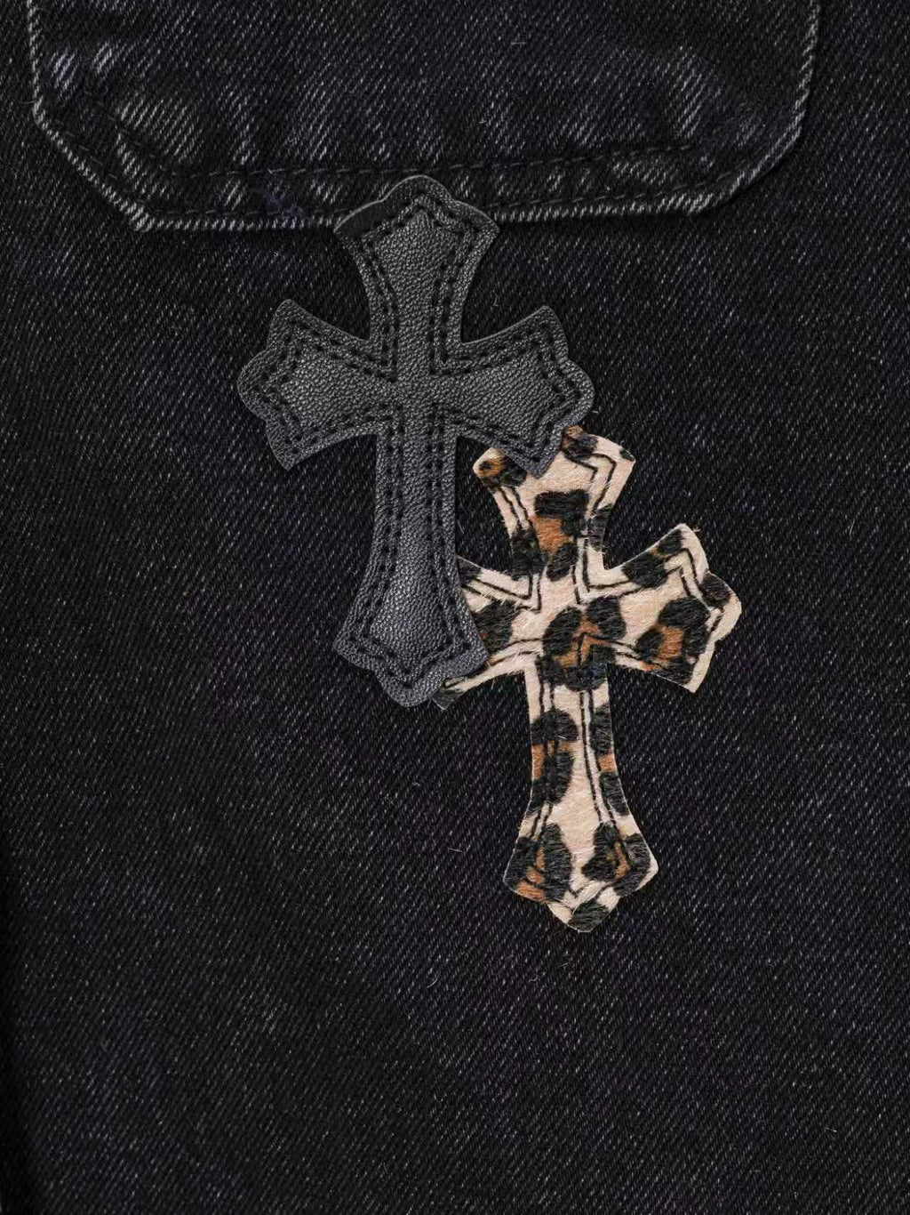 Leopard Cross Patch Black Denim Jacket™