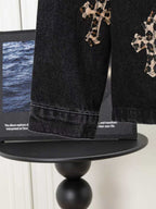 Leopard Cross Patch Black Denim Jacket™