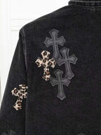 Leopard Cross Patch Black Denim Jacket™