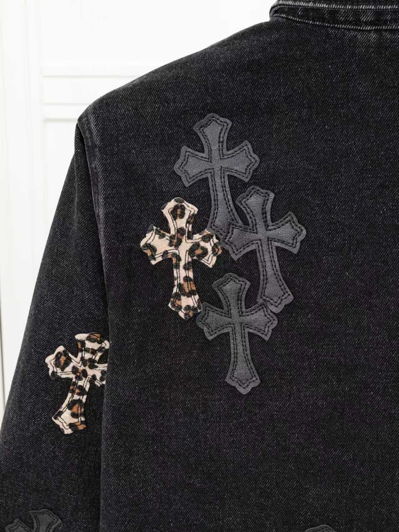 Leopard Cross Patch Black Denim Jacket™