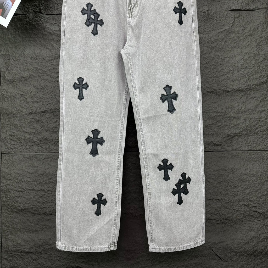 Black Cross Patch Light Grey Denim Jeans™