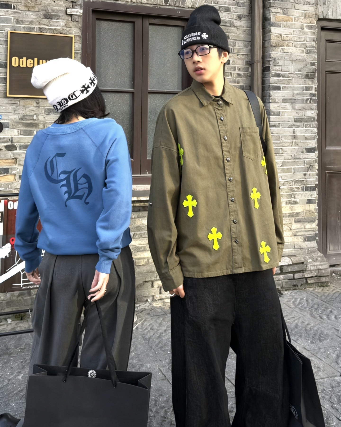 Neon Green Cross Army Green Button-Up Shirt™