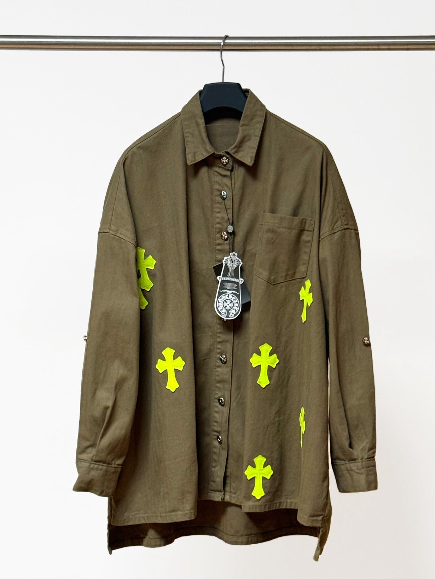 Neon Green Cross Army Green Button-Up Shirt™